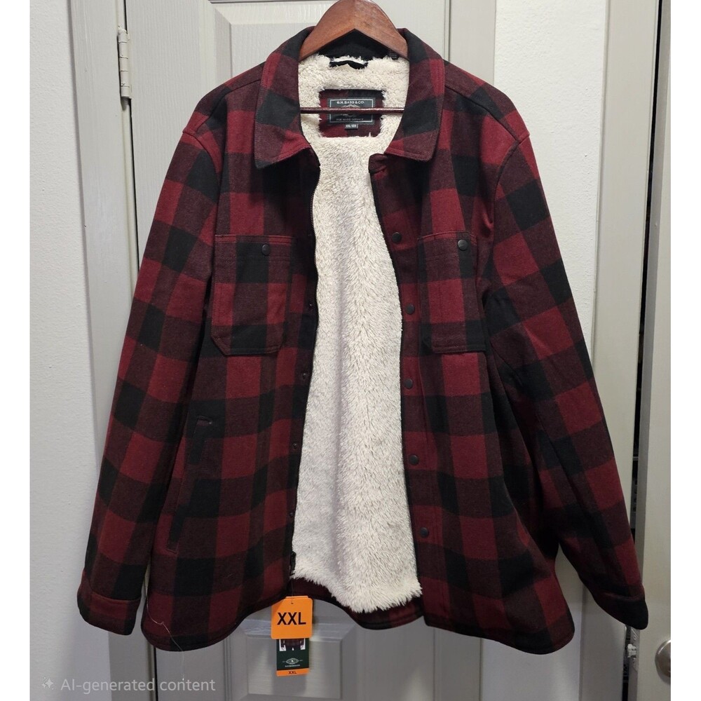GH Bass & Co Men's Red Buffalo Plaid Sherpa Lined Shirt Jacket Shacket 2XL NWT